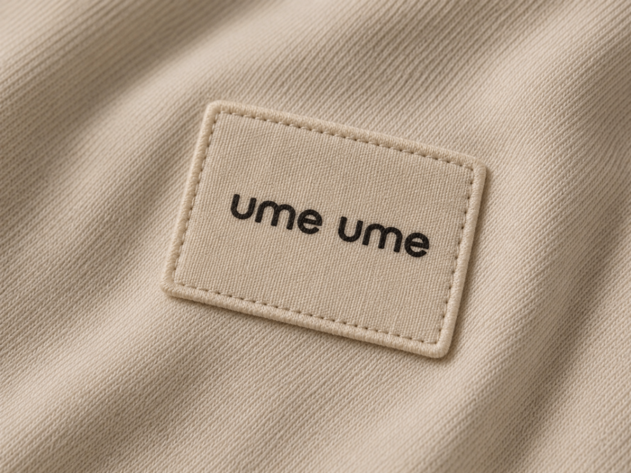 Beige fabric label close-up with ume ume branding