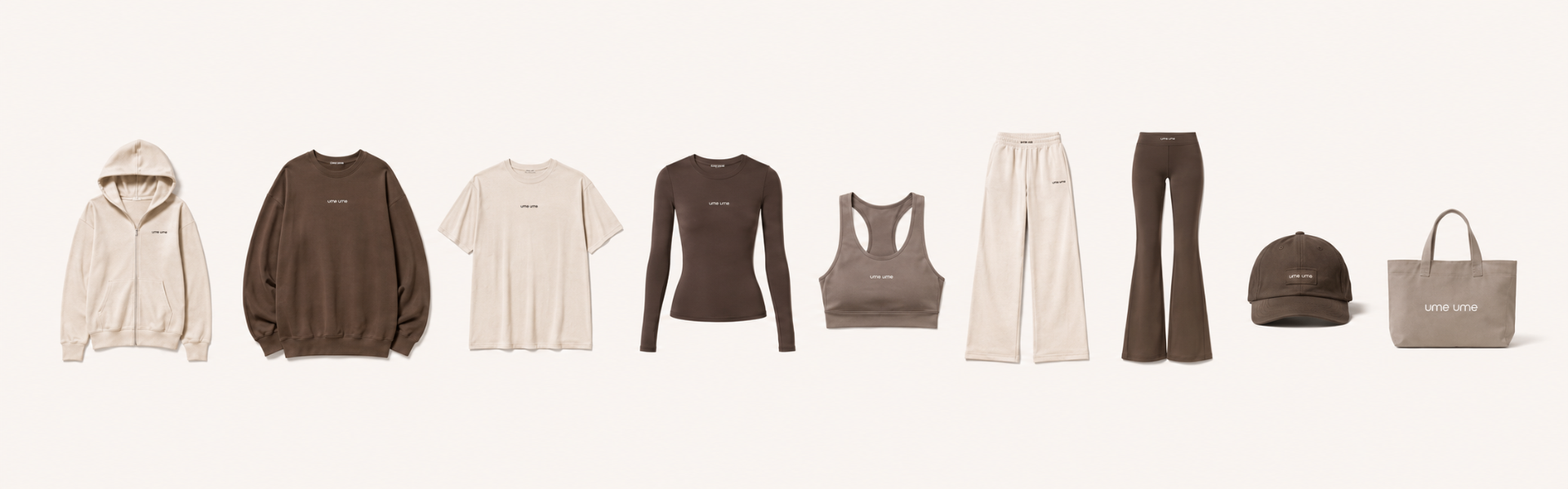 The first drop lineup featuring ume ume hoodie, crew, tee, top, bra, pants, leggings, cap, and tote